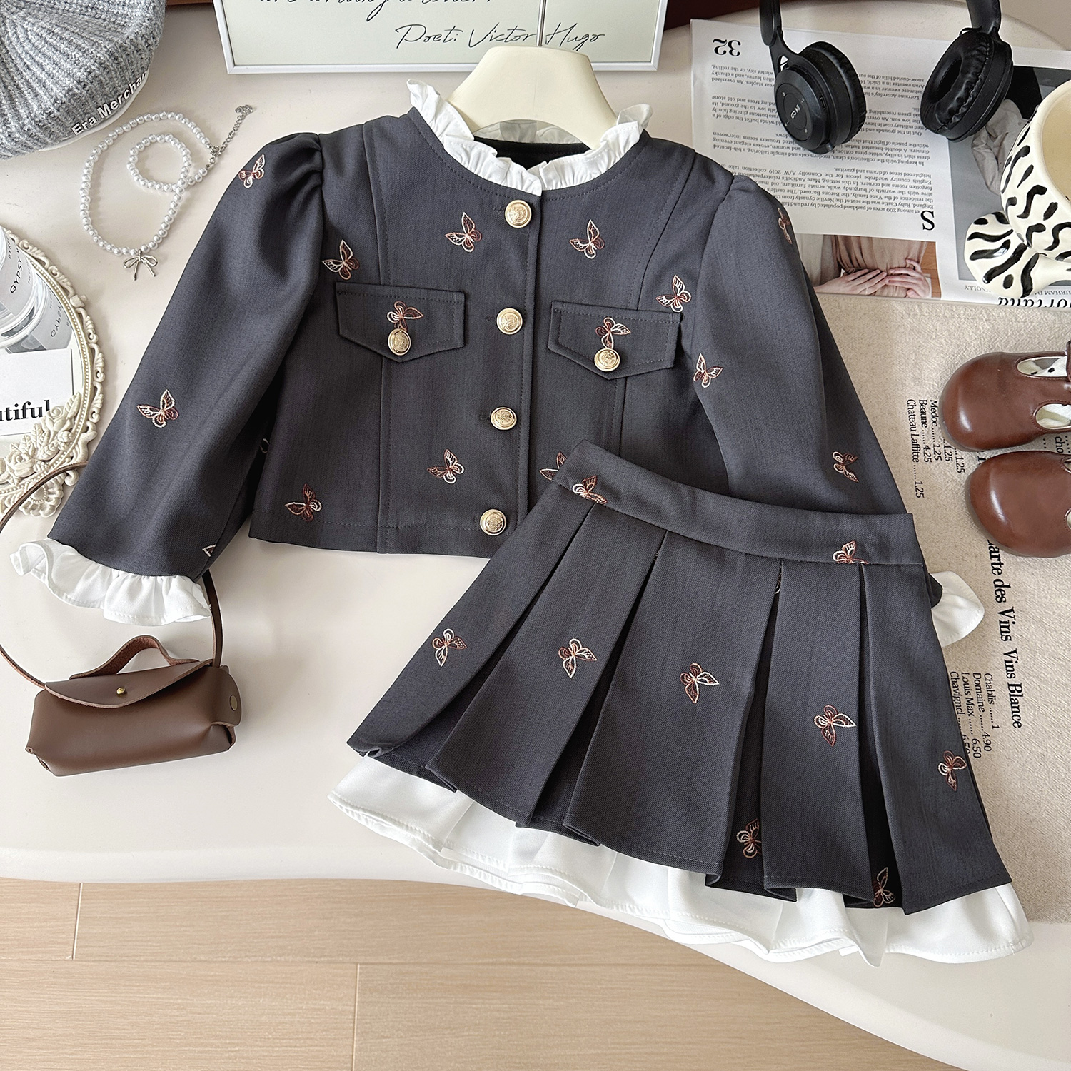 【月野蝴蝶2.0】2025新款秋季女童洋气学院风上衣百褶裙套装Q67691
