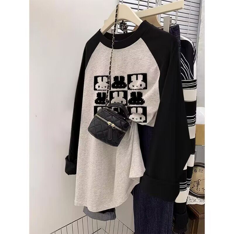 潮流秋季长袖恤女大码慵懒风插肩袖潮洋气内搭打底衫上衣