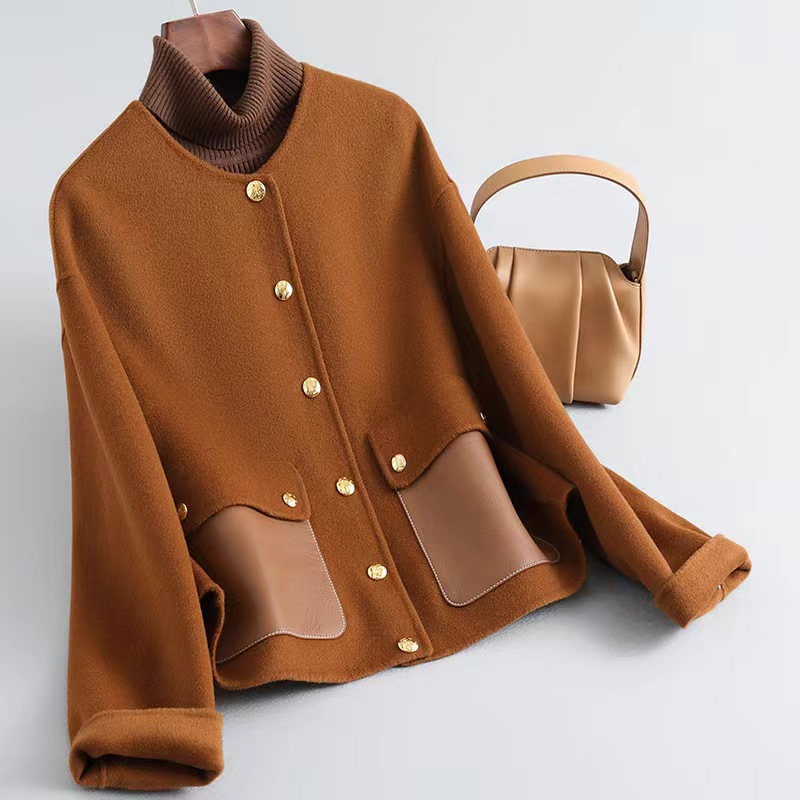 秋冬新款高奢小香风双面呢羊毛大衣高端圆领小个子短款毛呢外套女