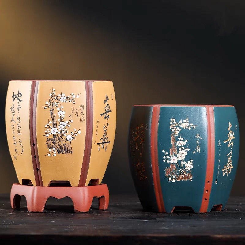 精品紫砂兰花盆六方紫砂花盆带托盘室内君子兰盆栽绿植陶瓷花盆