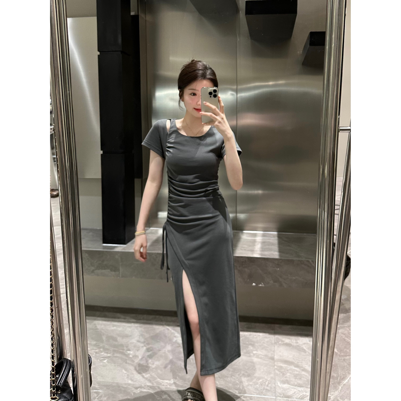 【大婷婷】夏季新款收腰褶皱修身不紧身设计感开叉清凉连衣裙DT0133