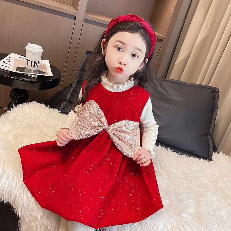 女童冬季新款韩版长袖连衣裙小女孩加绒背心红裙女宝洋气裙子童装