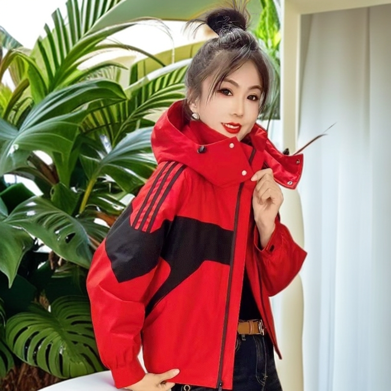 春秋新款女短款连帽韩版百搭宽松拼接撞色拼接布冲锋衣棒球服夹克