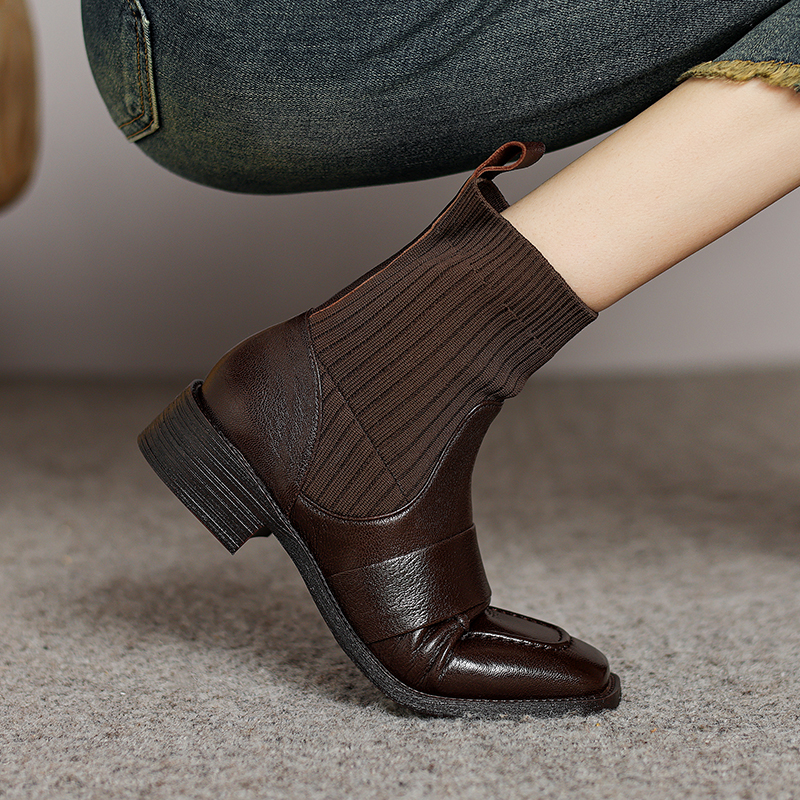 跟高3.5cm/羊34-41大码法式简约方头松紧弹力靴袜靴显瘦舒适百搭