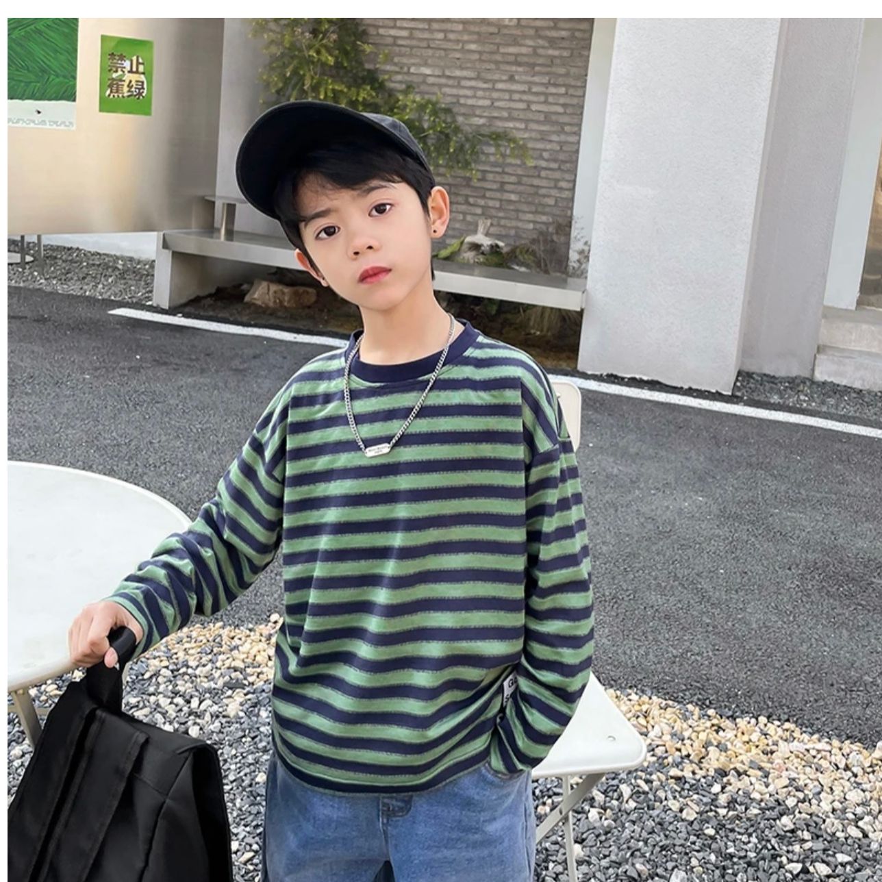 男童男孩长袖t恤25新款上衣衣服大童春装童装条纹儿童打|23aa31