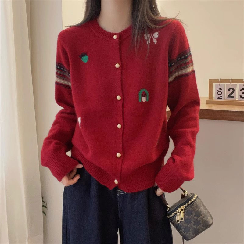 蔻菲图女装秋季新款红色减龄时尚百搭提花毛衣针织开衫小香风外套