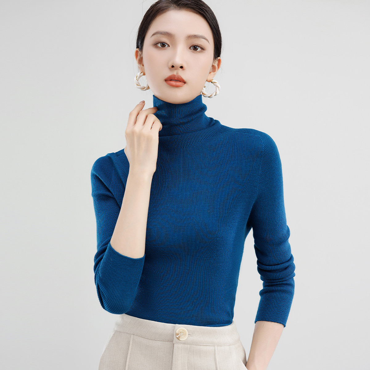 【100%精纺羊毛衫】秋冬女士时尚修身显瘦可机洗堆堆领长袖羊毛衫