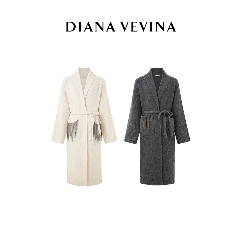 DIANA VEVINA 绵羊毛链条点缀翻领长款毛针织衫开衫