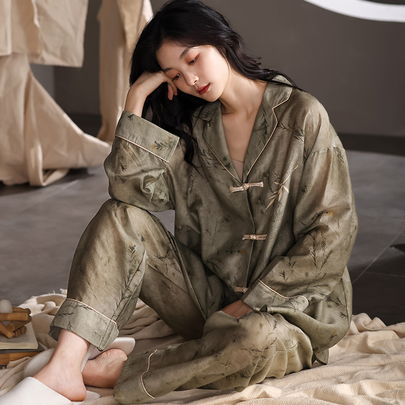 2024夏季新款睡衣女套装冰雪丝薄款长袖长裤翻领新中式家居服套装