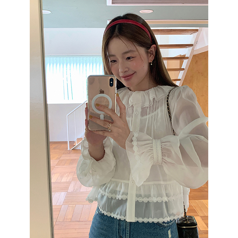 CHERI.Z早秋新款法式长袖对丝工艺精致蕾丝百搭乔其衫C24B05014G