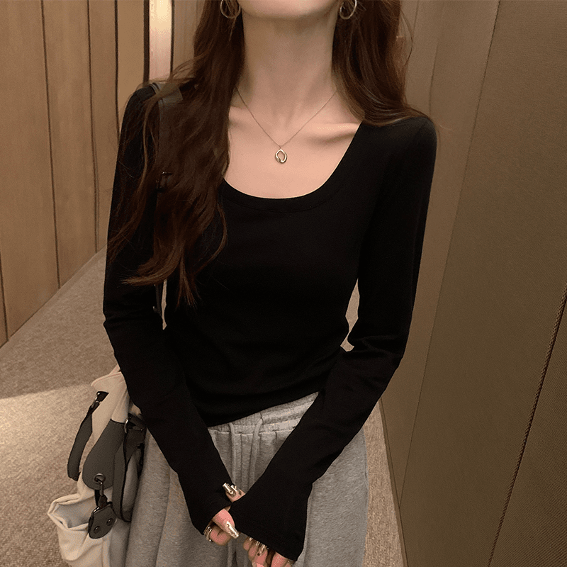 秋季新款纯色辣妹风打底衫短款正肩上衣美式紧身低圆领长袖t恤女