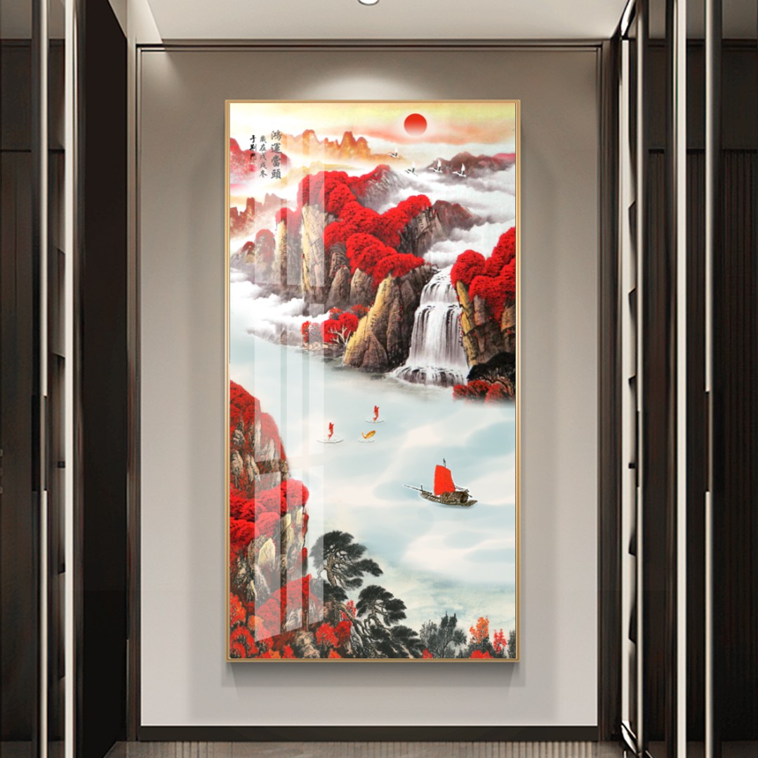鸿运当头山水画国风灯光玄关画晶瓷镶钻晶瓷入户玄关挂画工厂直销