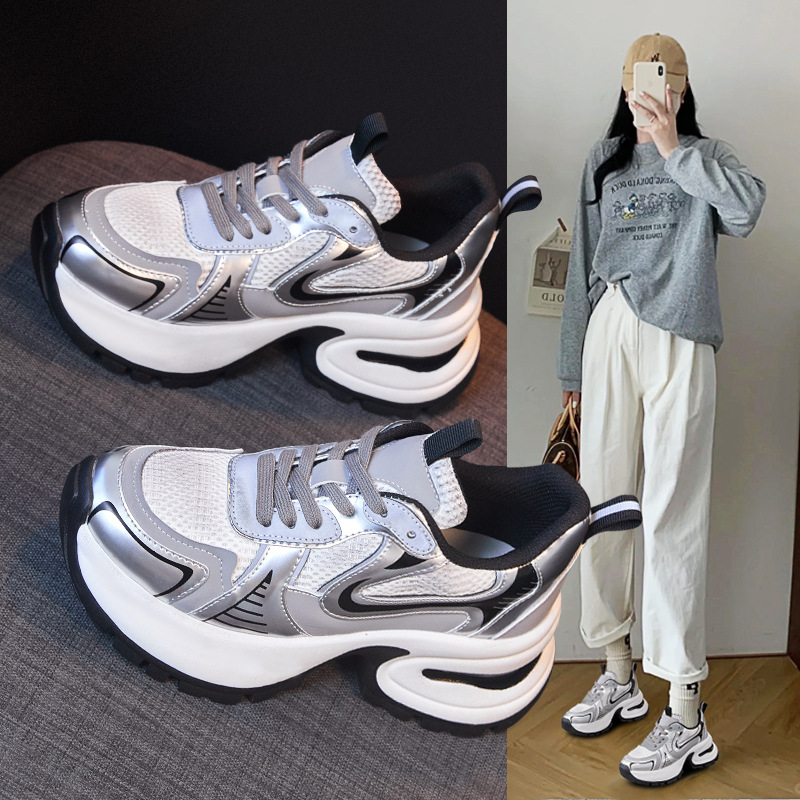 【高品质休闲皮鞋】赵露思同款银色老爹鞋女2023新款秋冬小个子内增