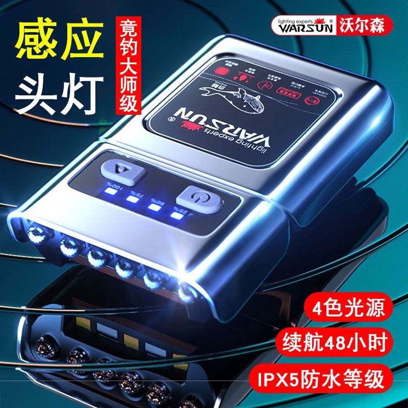 沃尔森白鲸新款夜钓感应头灯钓鱼专用帽夹灯超亮充电头戴超长续航