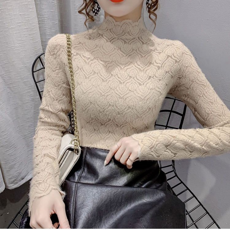 半高领加绒磨毛镂空蕾丝衫女秋冬新款内搭网纱打底衫洋气长袖上衣
