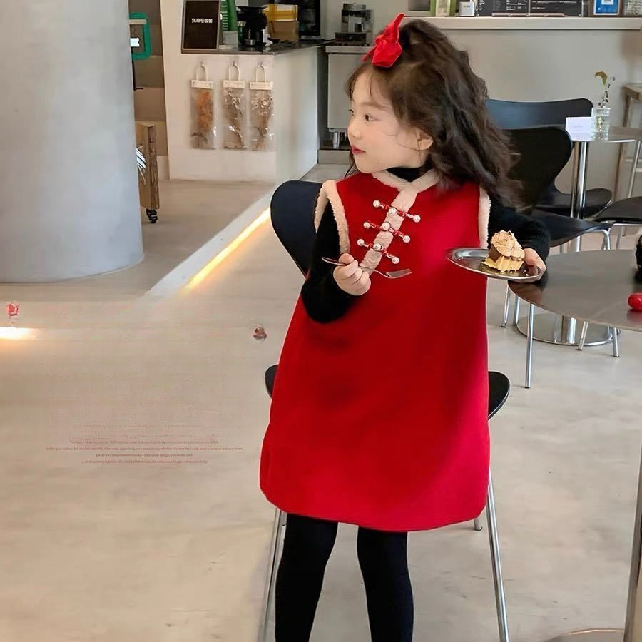2023宝宝旗袍中国风儿童加绒连衣裙周岁生日秋冬过年服宝宝红色
