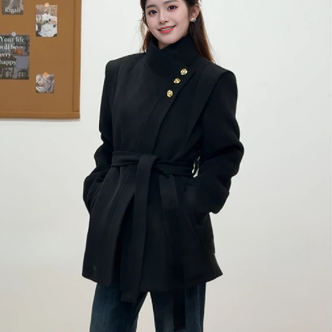 （加棉）6冬季韩版内里加棉加厚毛呢外套女小个子显瘦收腰气质大衣