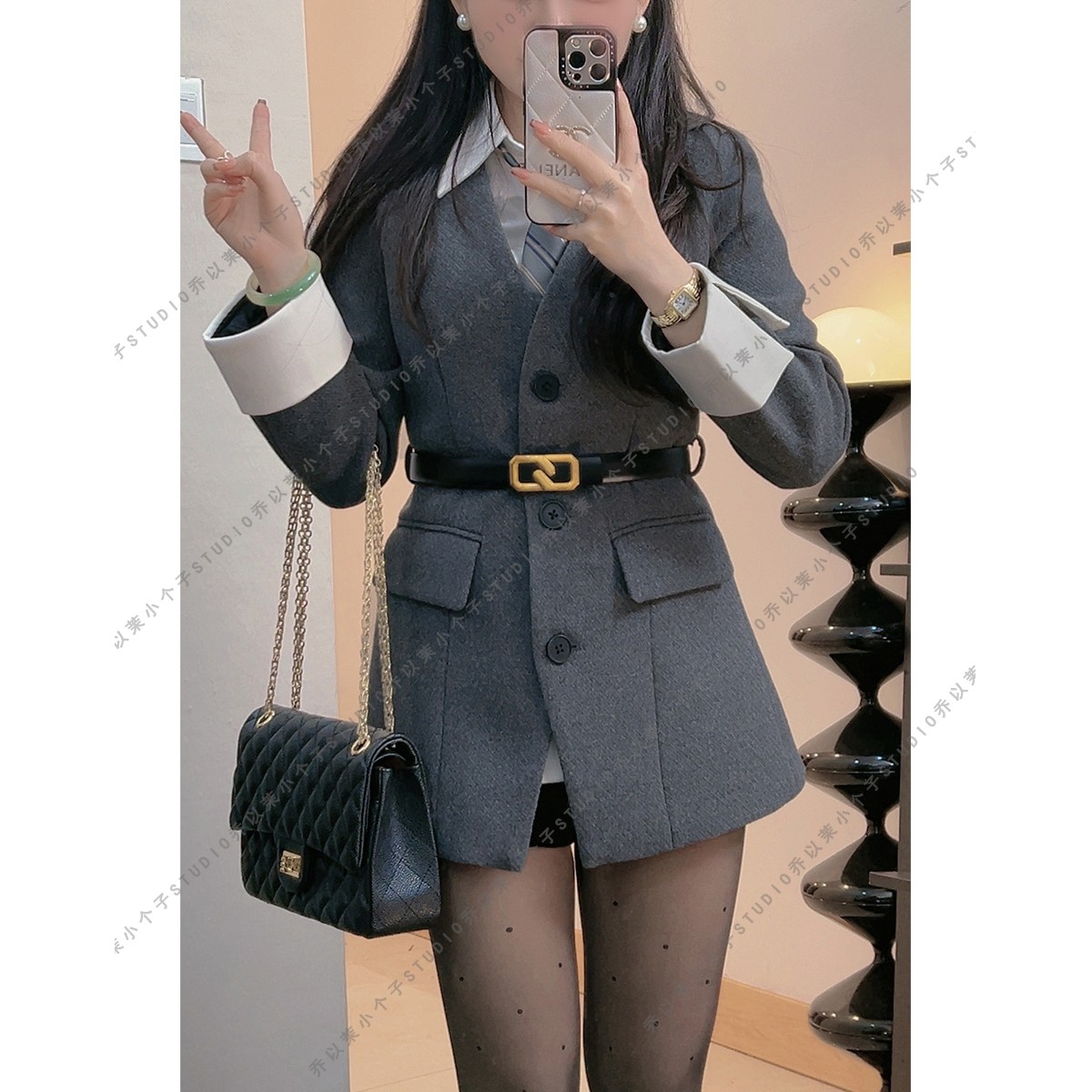 【QYM】小个子定制春季小个子西装外套女短款上衣显瘦学院风假两件