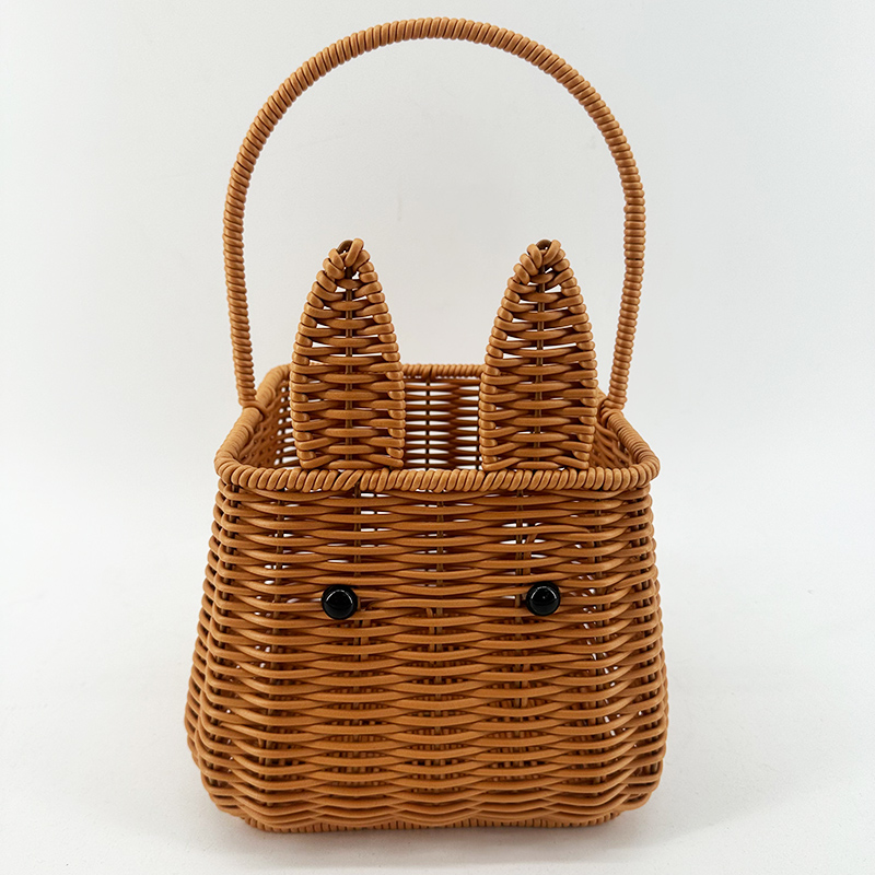 H18棕色正方形单提手兔子收纳购物篮纯手工编织17*总高32