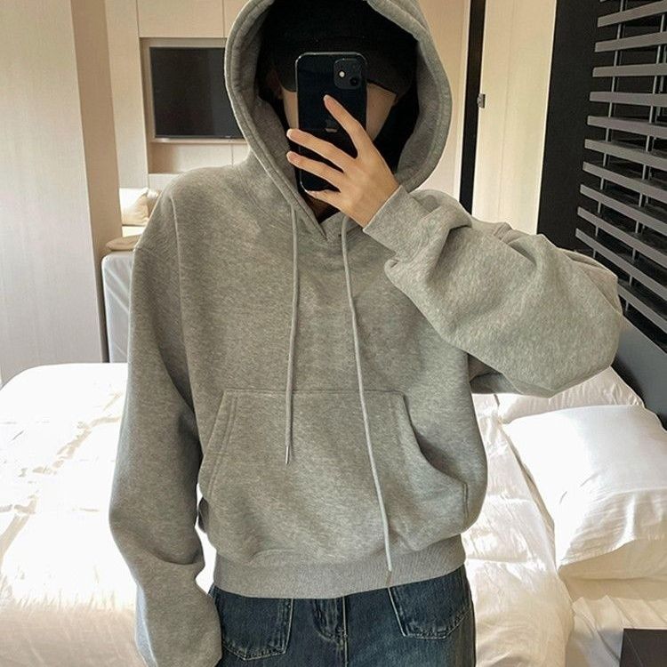 灰色加绒卫衣女小个子短款连帽秋冬设计感小众宽松上衣春秋