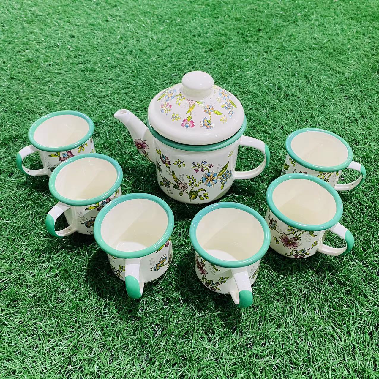 【七件套】绿口紫罗兰珐琅搪瓷杯泡茶煮茶壶复古家用礼盒装
