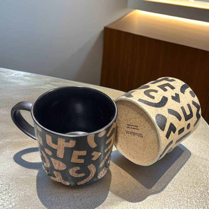 ins高颜值马克杯简约手绘几何图案陶瓷杯子男女生情侣水杯咖啡杯