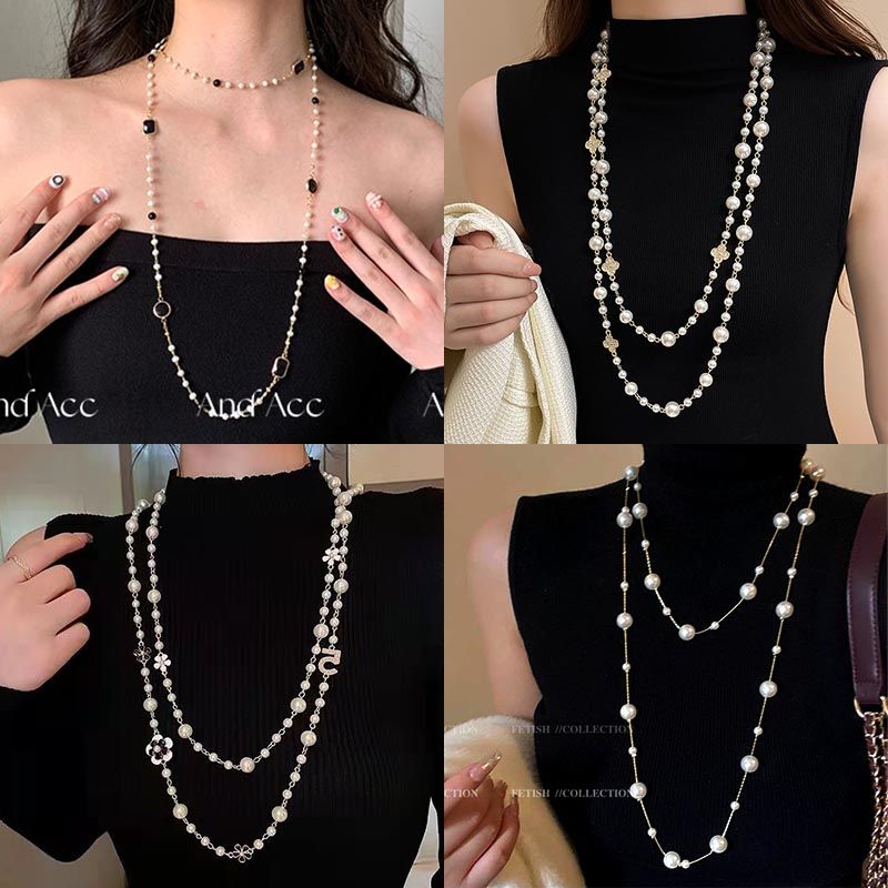 合金仿珍珠项链 气质轻奢多层叠戴珍珠项链女小众高级长款毛衣链