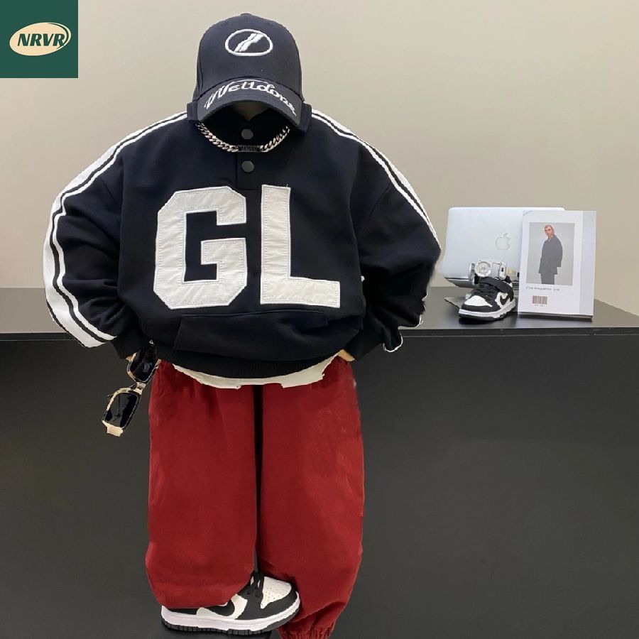 优选NRVR男童重工Polo领套装秋季重工刺绣卫衣儿童潮酷上衣+裤子