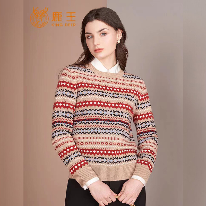 鹿王女士山羊绒衫圆领提花套头打底撞色2023秋冬新品保暖厚款毛衣