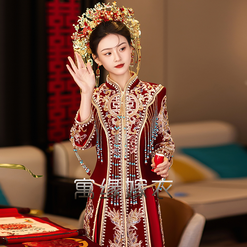 贵气珠绣秀禾服2025出阁新款中式丝绒新娘结婚礼服显瘦女婚纱嫁衣