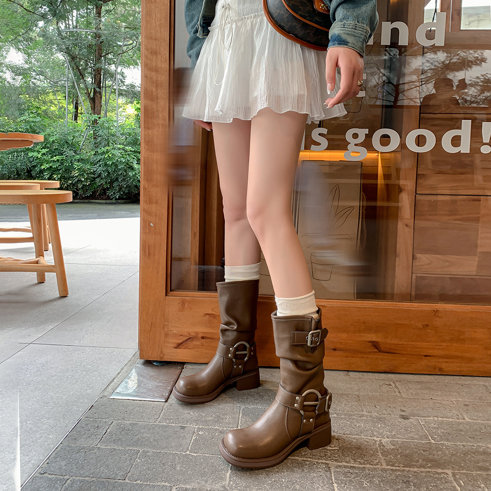 美拉德靴子miu马丁靴女2023新款厚底时尚短靴秋冬西部牛仔骑士靴