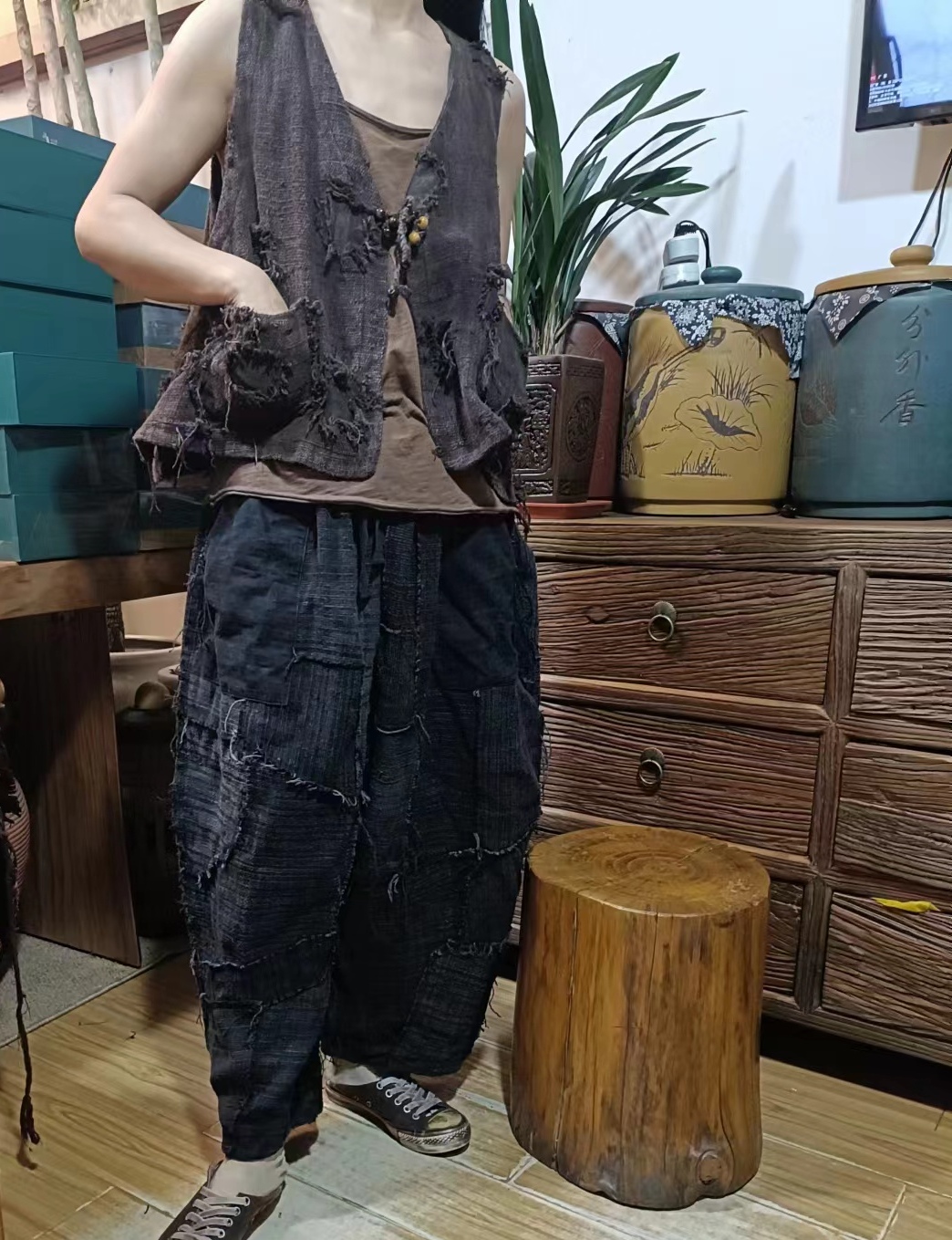 植物染色火草老麻布双面穿马甲