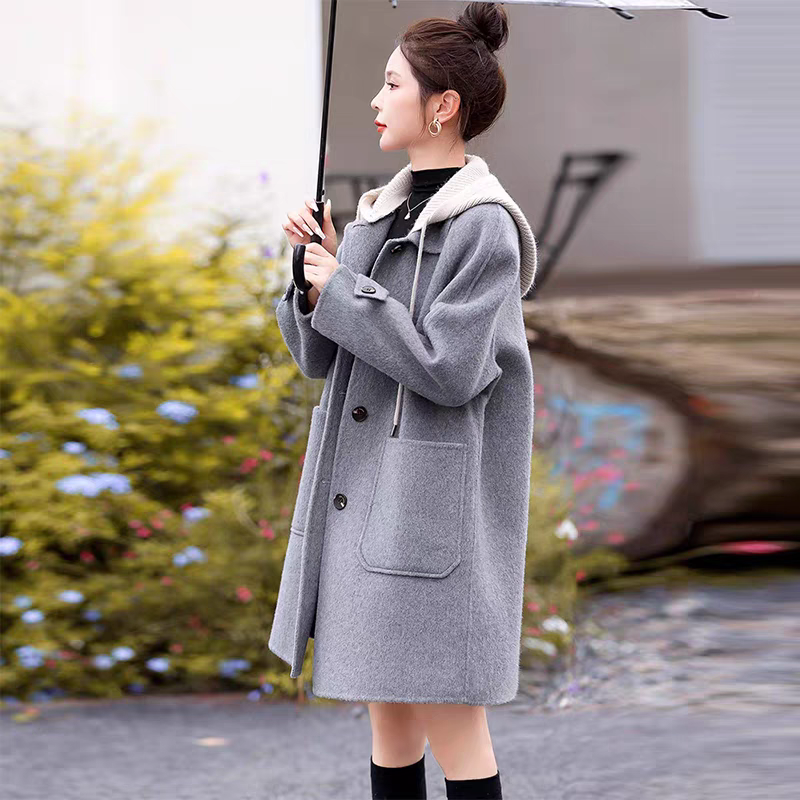 双面羊毛大衣女中长款2025年秋冬新款韩版连帽宽松气质毛呢外套潮