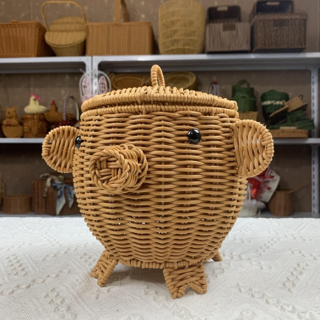 可爱小猪带盖18X18CM仿藤编茶罐水果篮 ins风时尚居家零食收纳篮