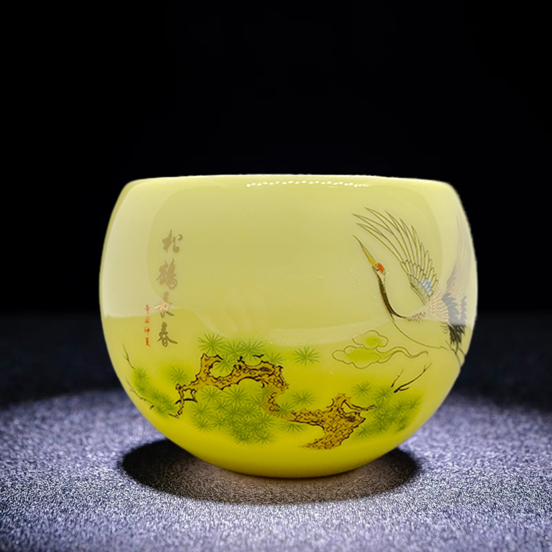 龙蛋杯松鹤长春A陶瓷主人杯描金中式茶杯男士品茗杯喝茶手绘水杯