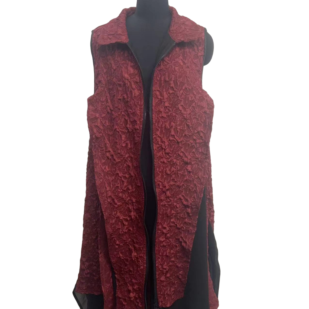 【山海轻奢】Z2311063-1格纹提花正酒红色立领拉链款马甲拼纱外套