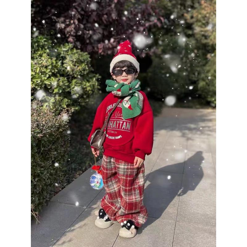2023圣诞过年服穿搭儿童男女童加绒套装冬季新款外套卫衣宝宝裤子