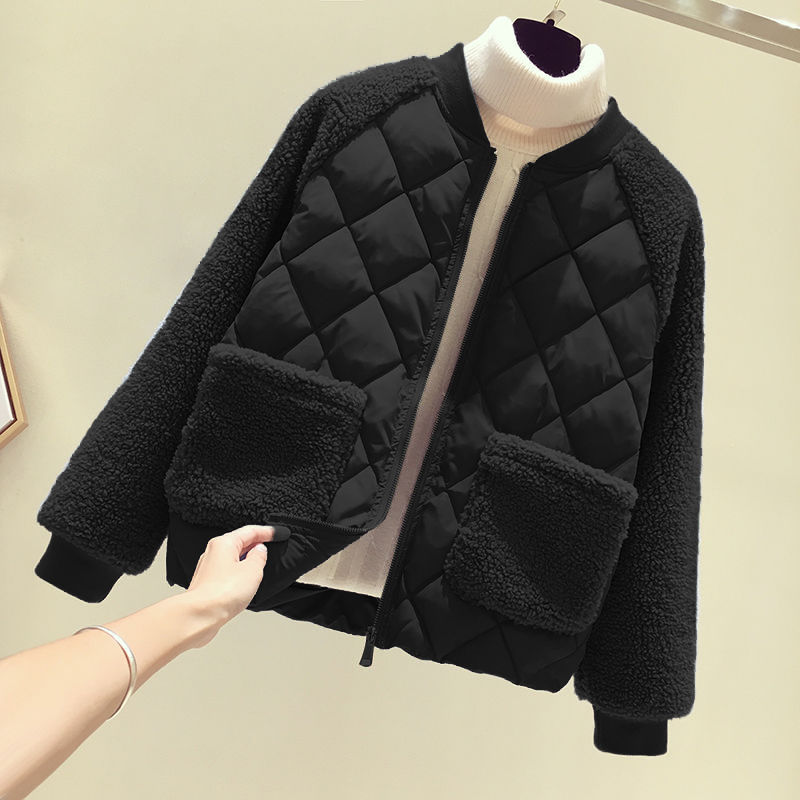 羽绒服轻薄棉服女短款2023新款韩版宽松仿羊羔毛拼接棉衣小