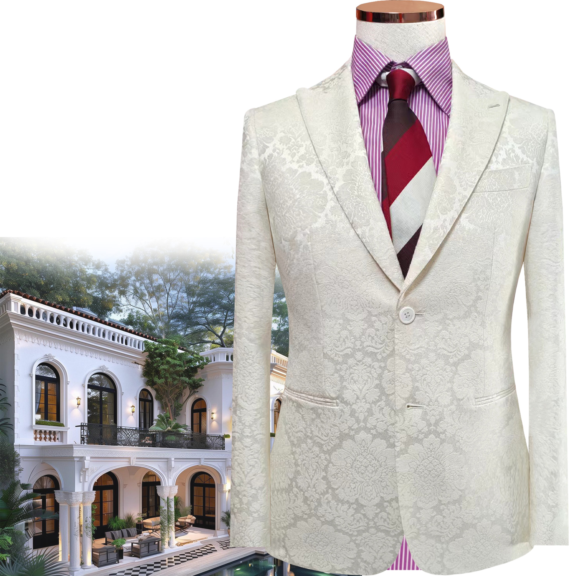 UDLY/优定良衣【单西】米白色提花进口面料修身时尚个性高定形象款