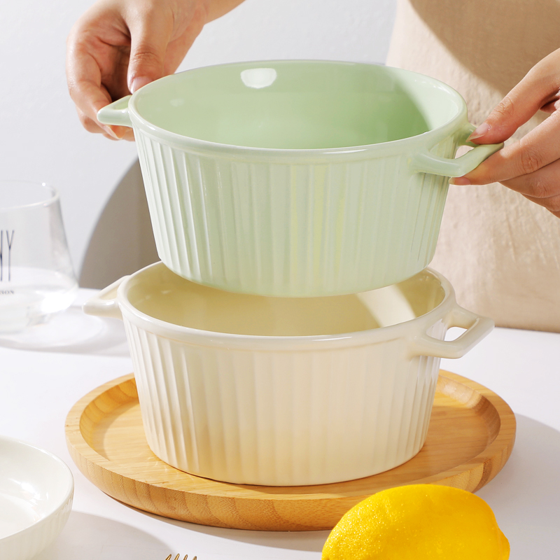 【粉丝福利】7.5英寸家用奶油风双耳碗竖纹碗创意陶瓷餐具可微波碗