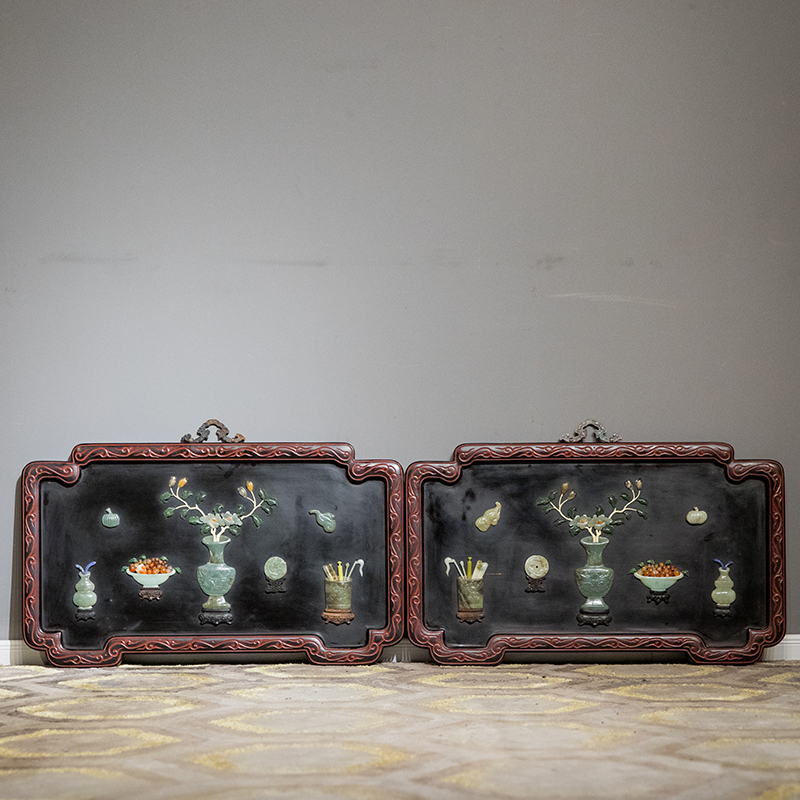 清代 剔犀百宝嵌清供图挂屏（一对） 古董家具