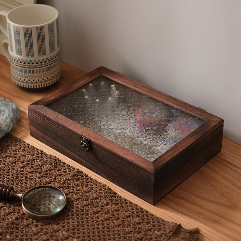 【小扬哥严选】复古实木首饰盒海棠花玻璃防尘桌面收纳盒梳妆台饰