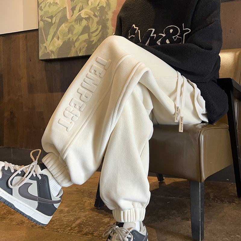 胖mm加绒加厚束脚卫裤女秋冬设计感宽松显瘦阔腿运动裤子大码女装