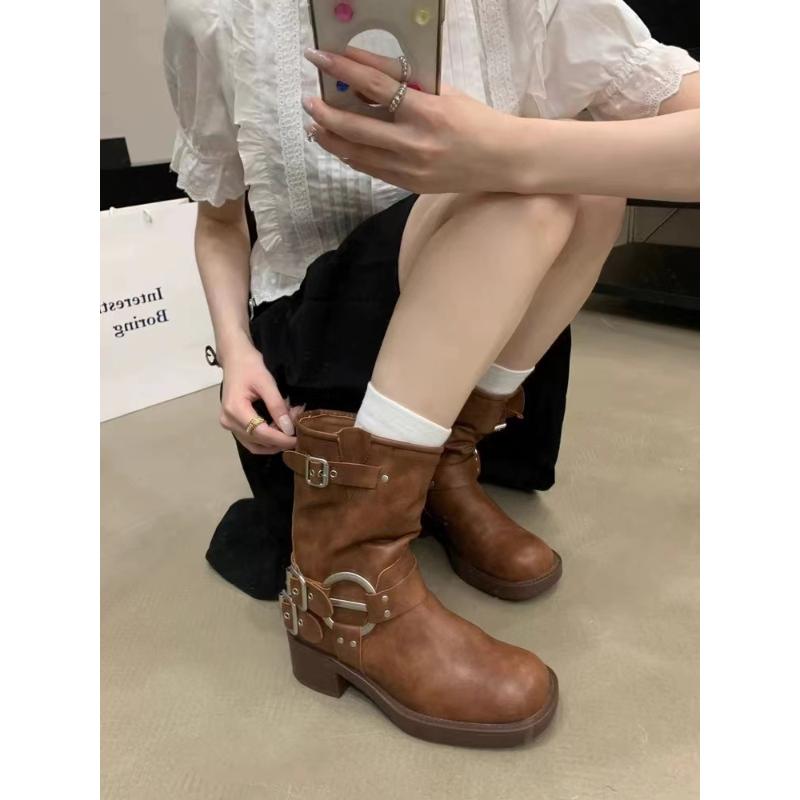 百丽纯爱miu短靴小个子西部牛仔靴子女长筒靴皮带扣粗跟马丁靴套