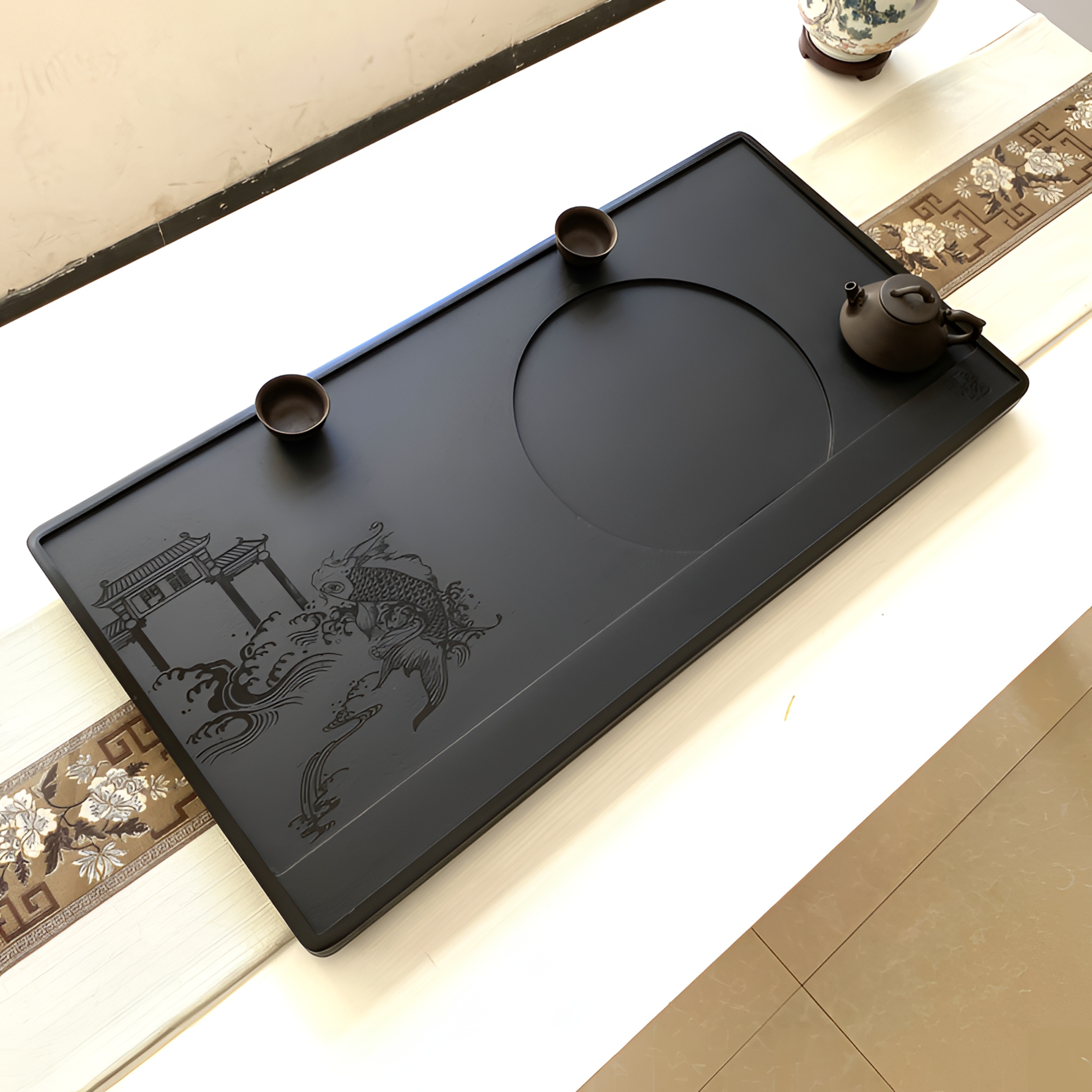 客厅时尚创意天然乌金石茶桌长方形茶盘整板整块无拼接家用办公用