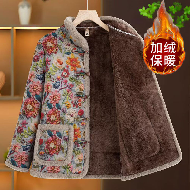 新款冬季妈妈加绒加厚棉衣棉服中老年保暖女装时尚碎花外套棉袄