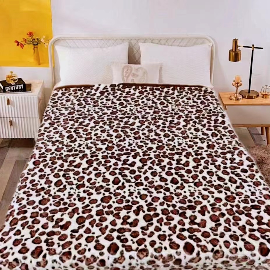 215*235CM 棕色豹纹欧式风格双层云毯毛毯四季通用加厚