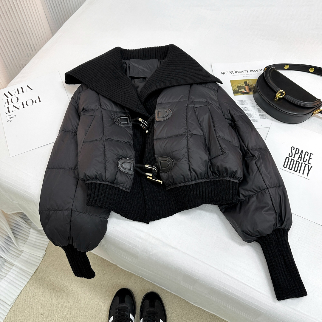 时尚减龄针织拼接棉服女冬季新款小个子短款棉袄小香风面包服外套