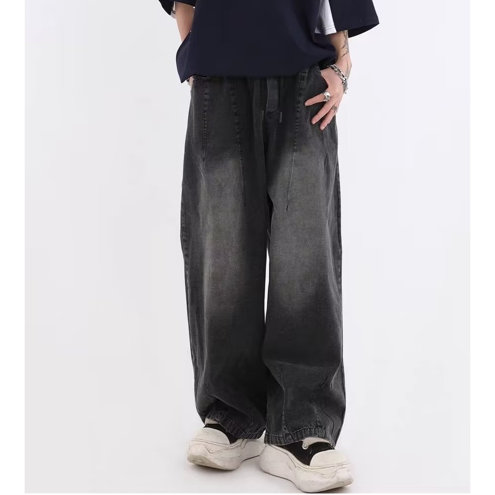 美式潮牌ins高街复古水洗做旧阔腿牛仔裤男松紧腰宽松直筒百搭裤