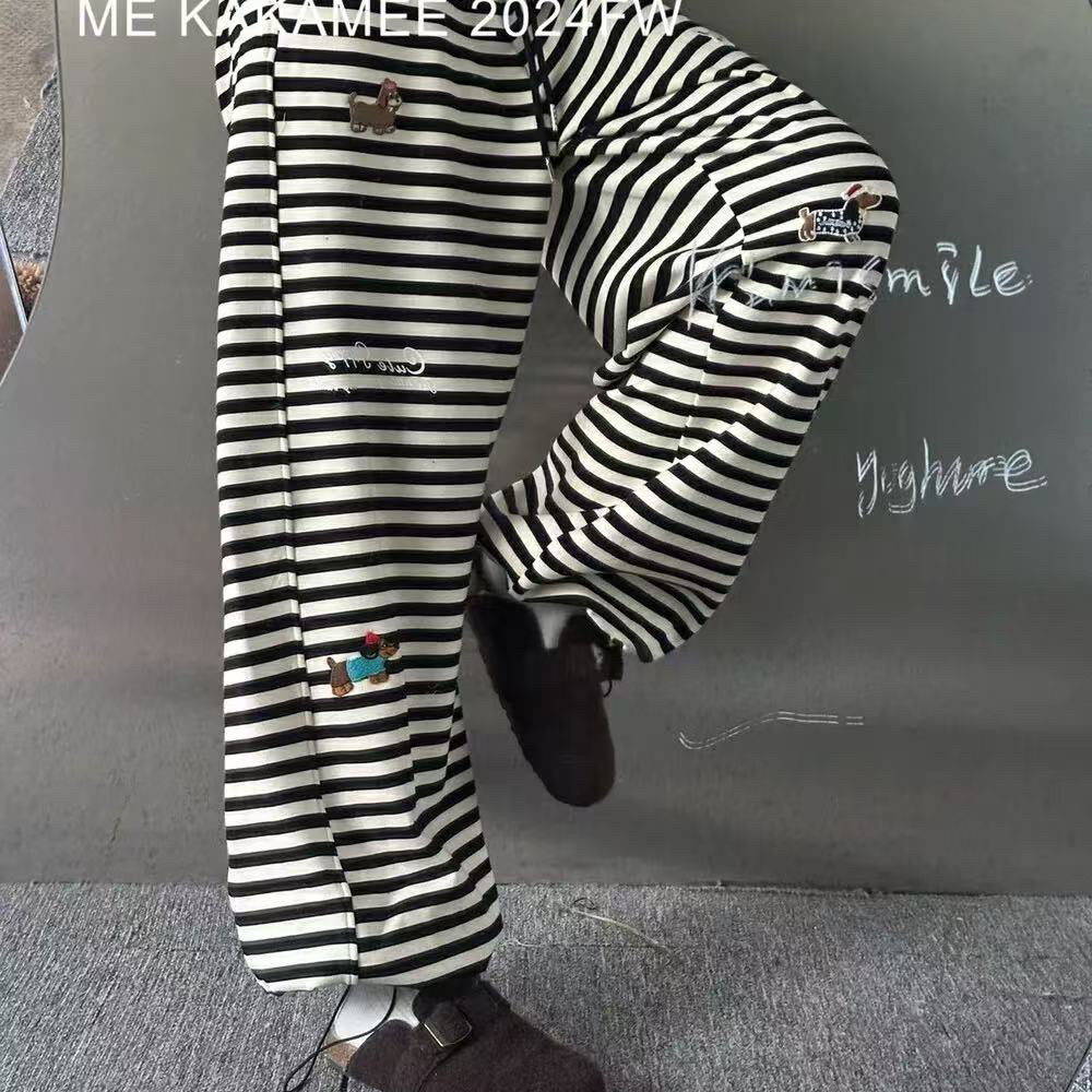 【心态意义】少女休闲百搭卡通黑白条纹卫裤宽松直筒长裤